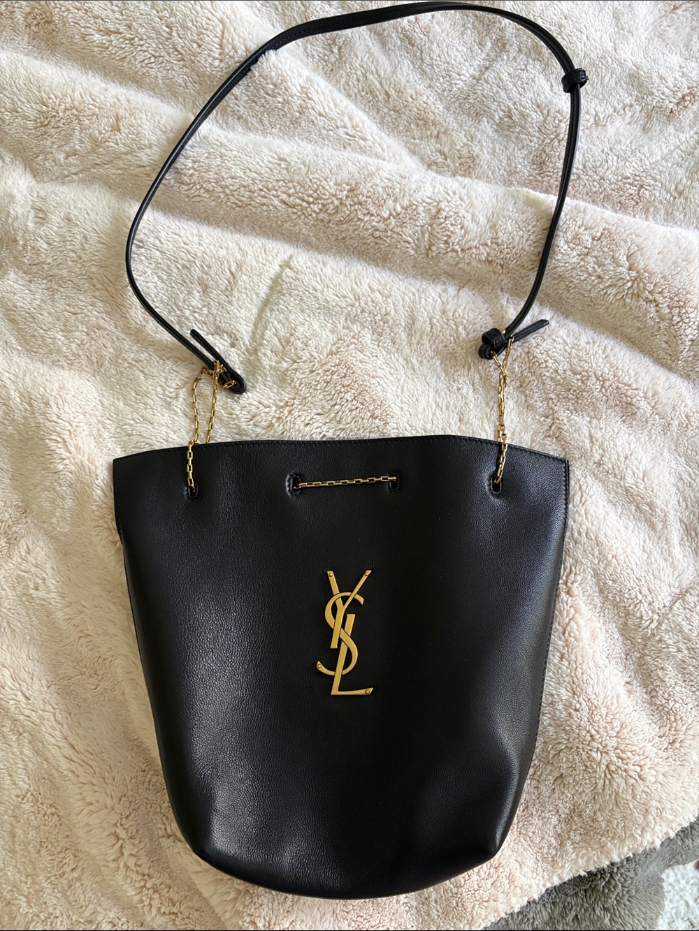 Saint Laurent Black Leather Bucket Shoulder Bag with Gold YSL Hardware
